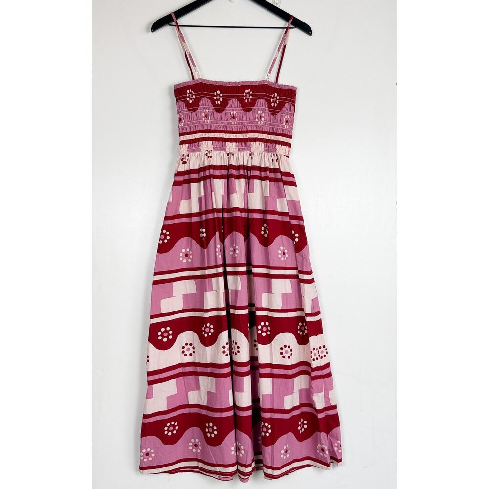 Madewell Theo Sleeveless Shirred Midi Dress in Geodaisy Batik Pink Red - M - Picture 8 of 11